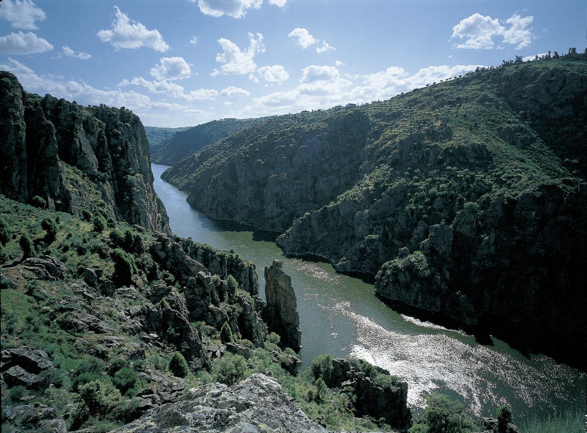 Arribes del Río Duero en Zamora: el río Duero discurriendo por el fondo del cañón de granito con paredes verticales en el Parque Natural