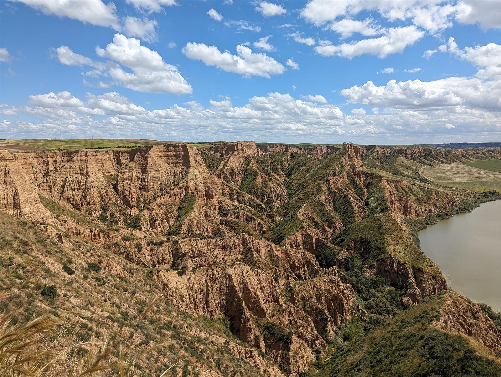 Detalle de las cárcavas talladas en la arcilla, con el embalse al fondo