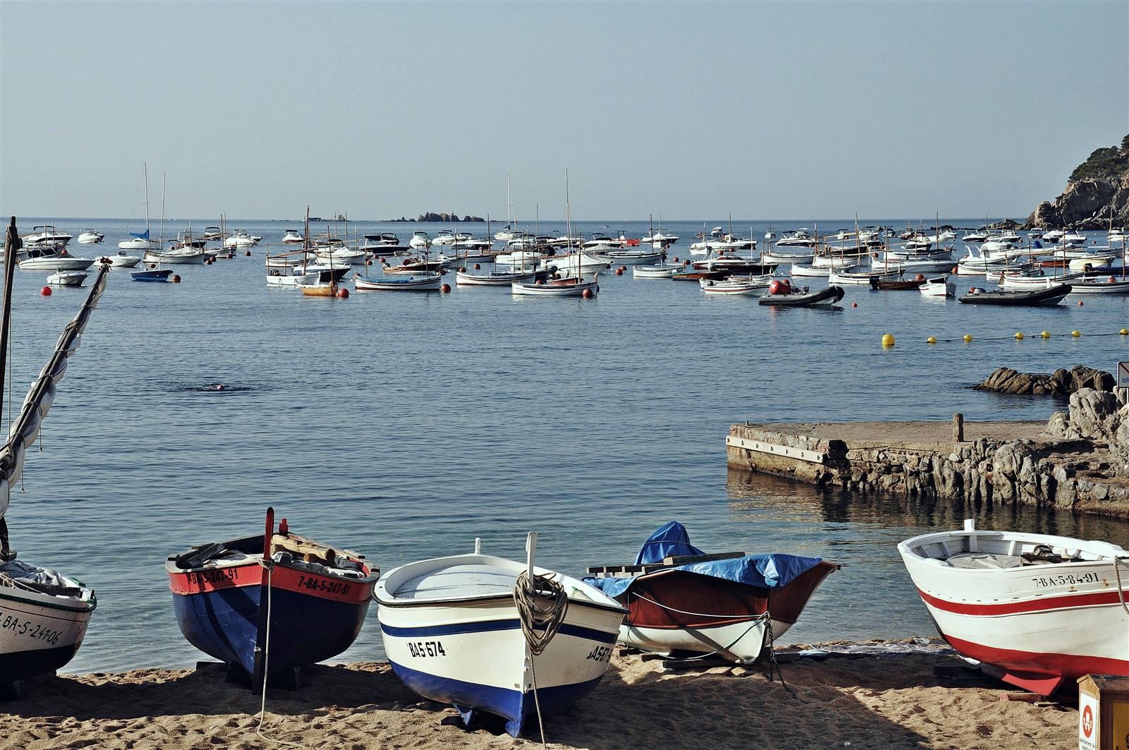 Barcas de colores fondeadas en la bahía de Port Bo de Calella de Palafrugell, Girona