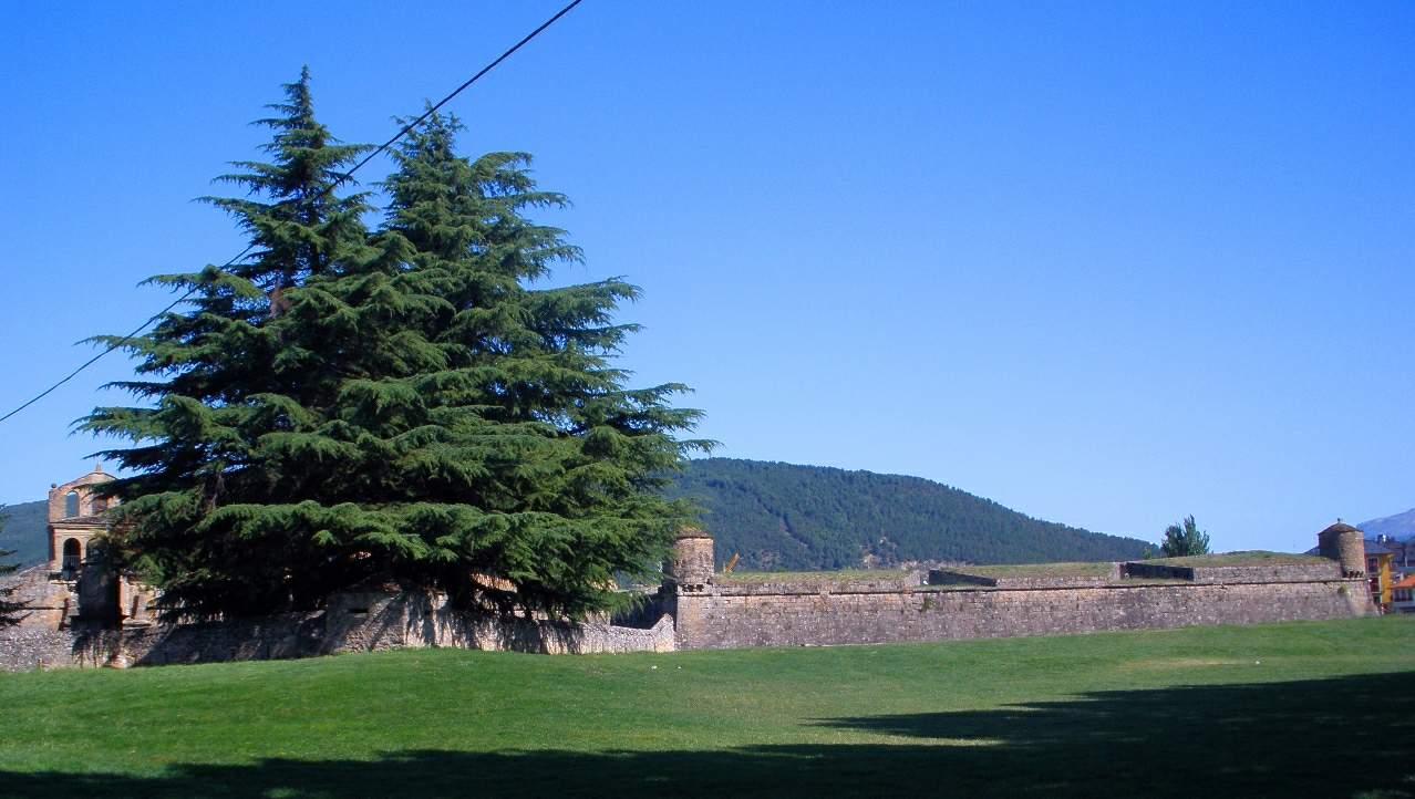 Muralla exterior de la Ciudadela de Jaca con el foso y los taludes de tierra del recinto abaluartado