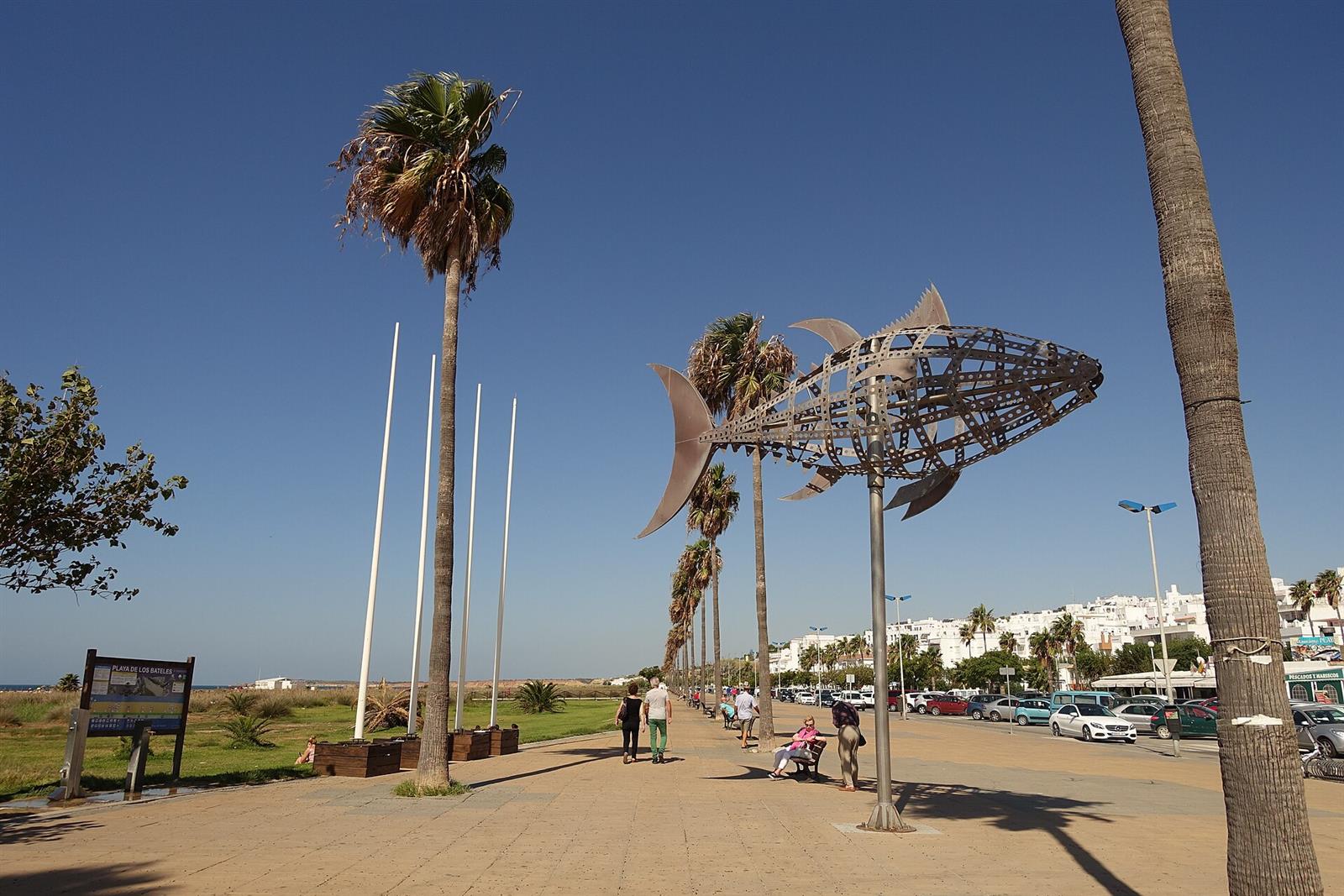 Paseo marítimo de Conil de la Frontera con la escultura del atún de almadraba y palmeras, Playa de los Bateles, Cádiz