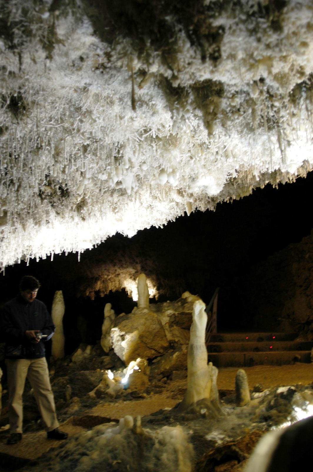 Sala de los Tres Reyes Magos, con estalagmitas coraloides y visitante en el recorrido
