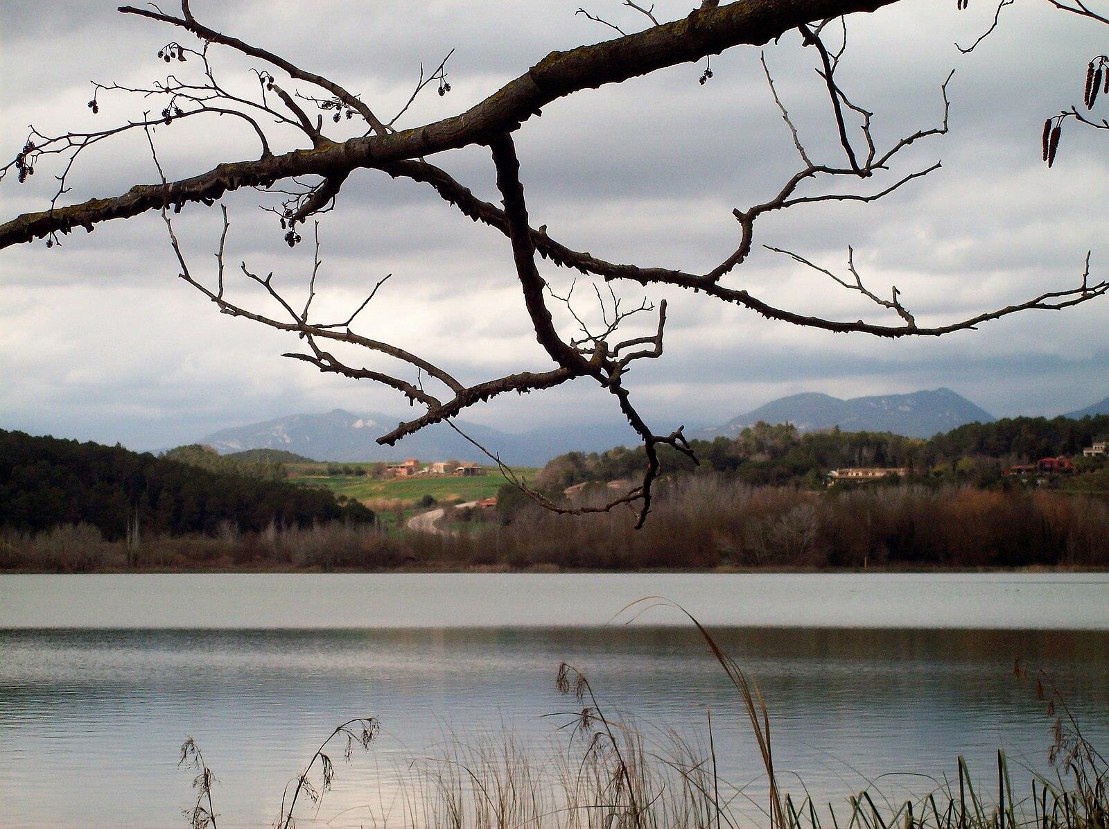 Vista del Estany de Banyoles en otoño enmarcada por ramas de árbol, con el lago al fondo y las montañas y campos circundantes