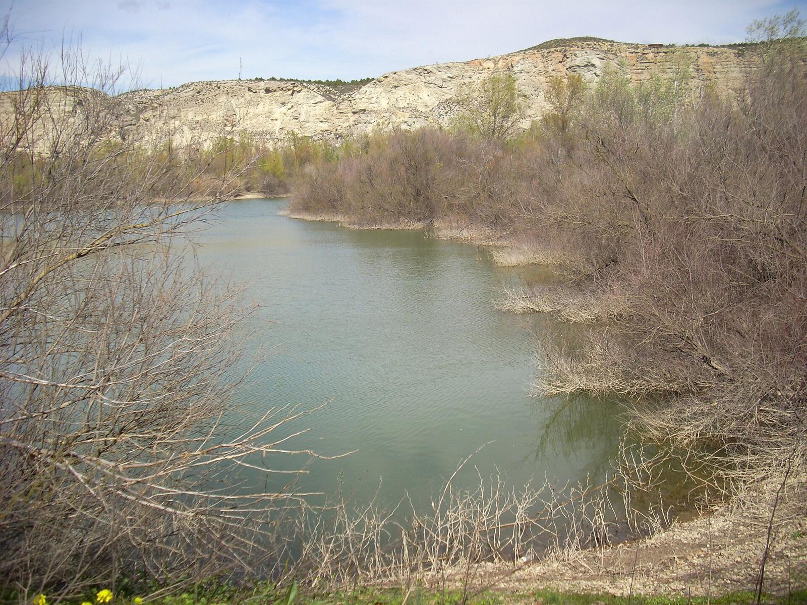 La laguna del Galacho de Juslibol con los cortados yesíferos al fondo