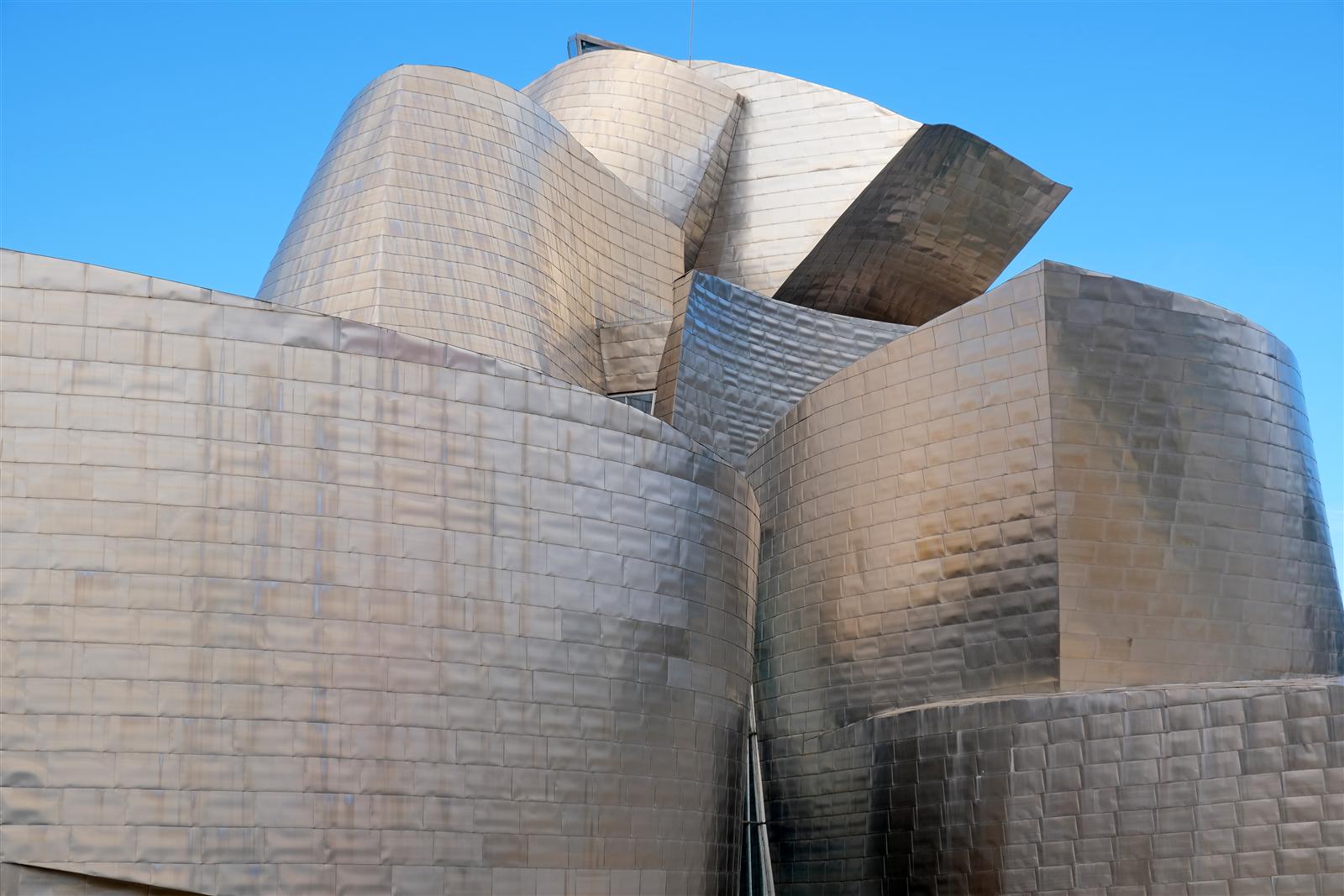 Detalle de las placas de titanio del Museo Guggenheim Bilbao, mostrando la textura y reflejo de la fachada de Frank Gehry, Bilbao, País Vasco