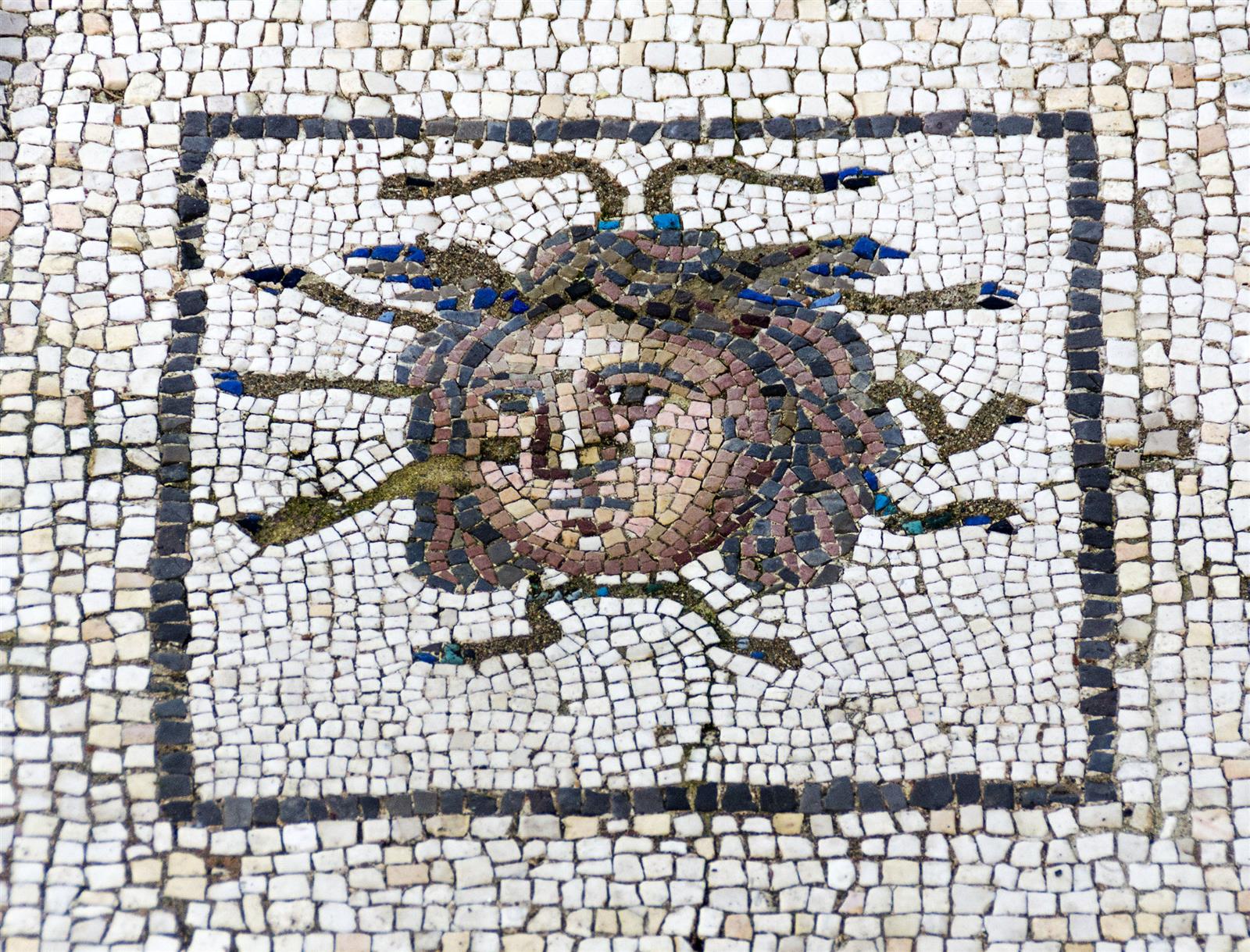 Detalle de mosaico con cabeza de medusa en el yacimiento romano de Itálica, Sevilla
