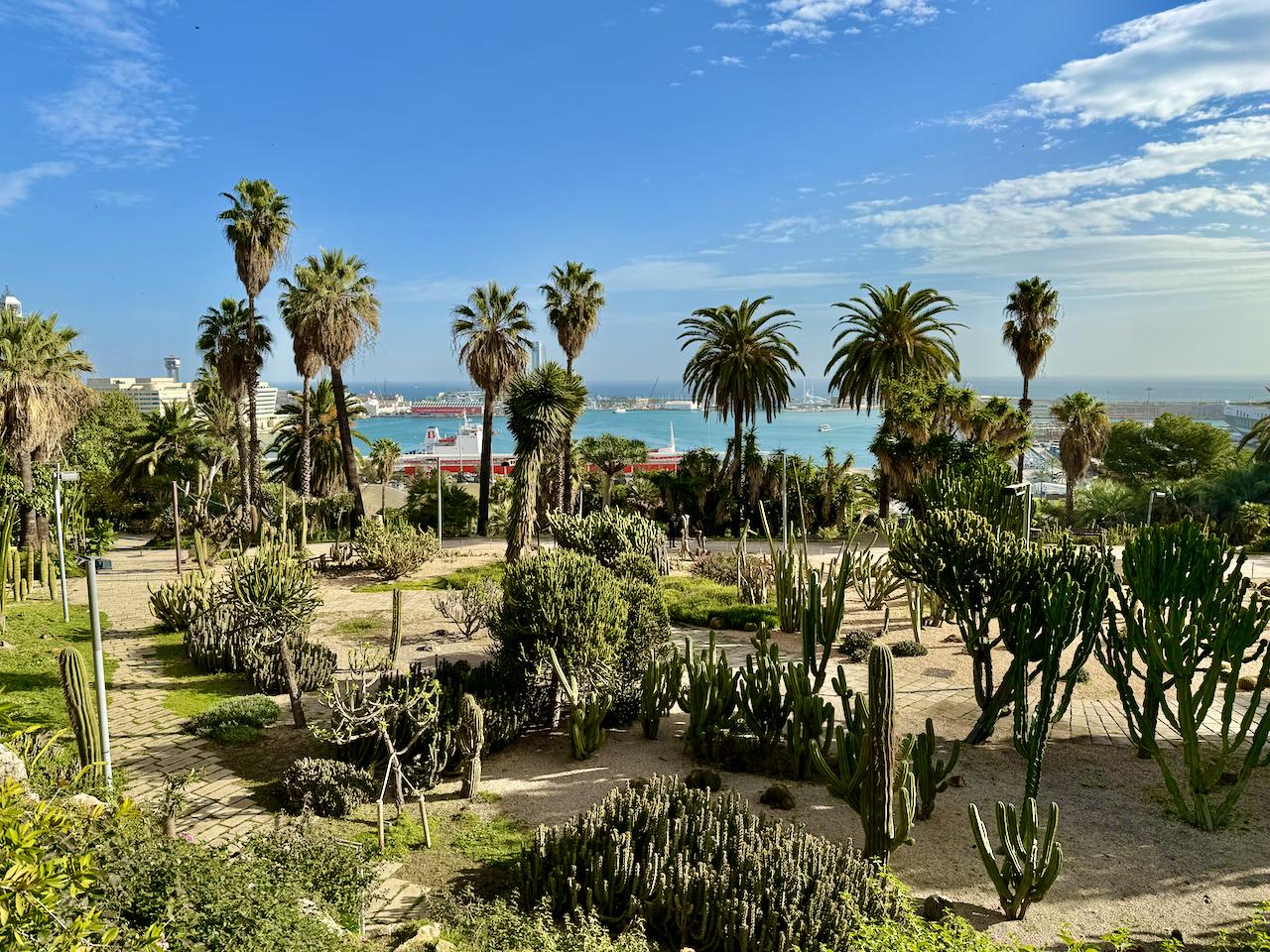 Cactus y palmeras de los Jardins de Mossèn Costa i Llobera con el puerto de Barcelona al fondo