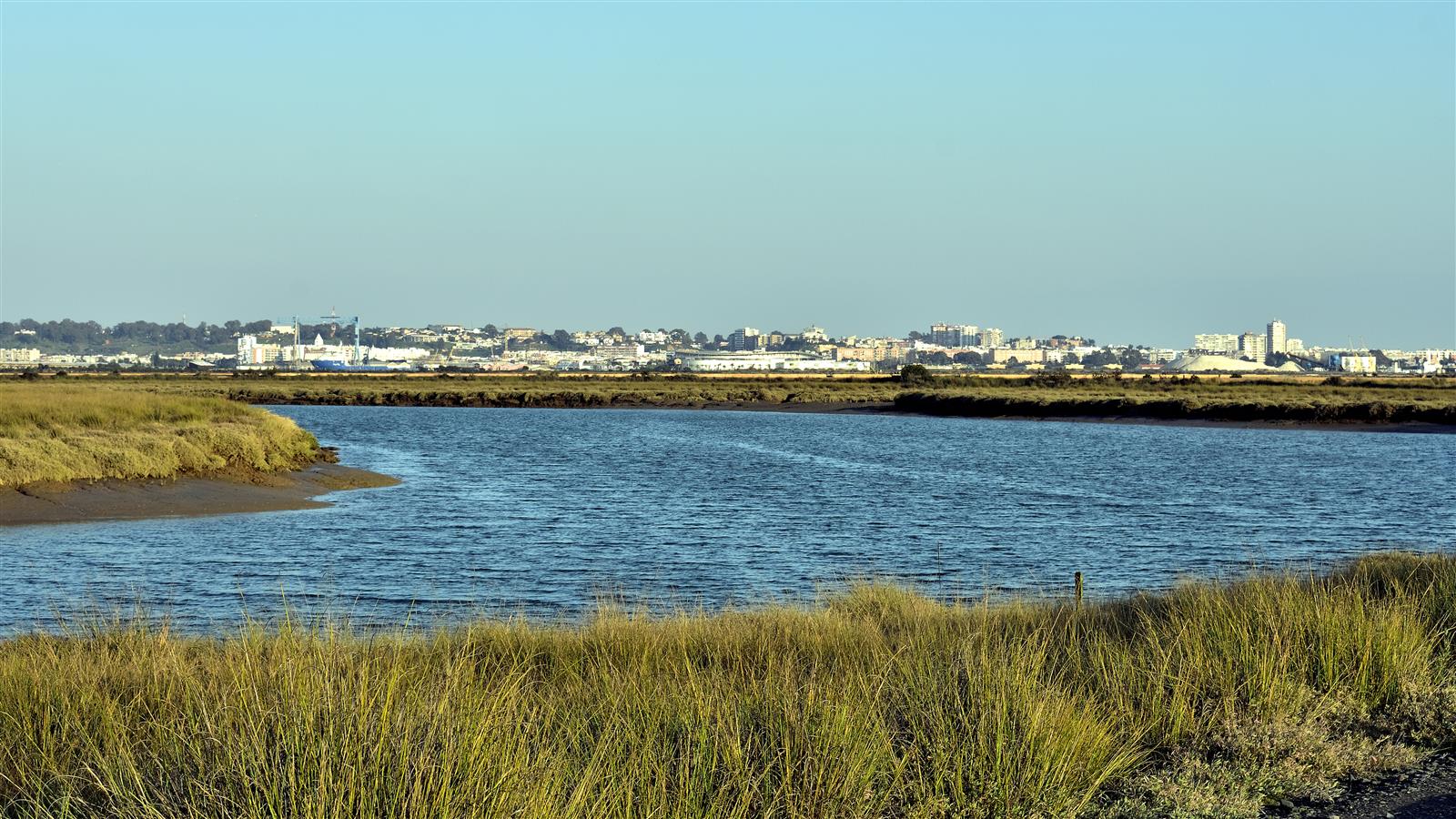 Estero de las Marismas del Odiel con la ciudad de Huelva al fondo, Paraje Natural, Huelva