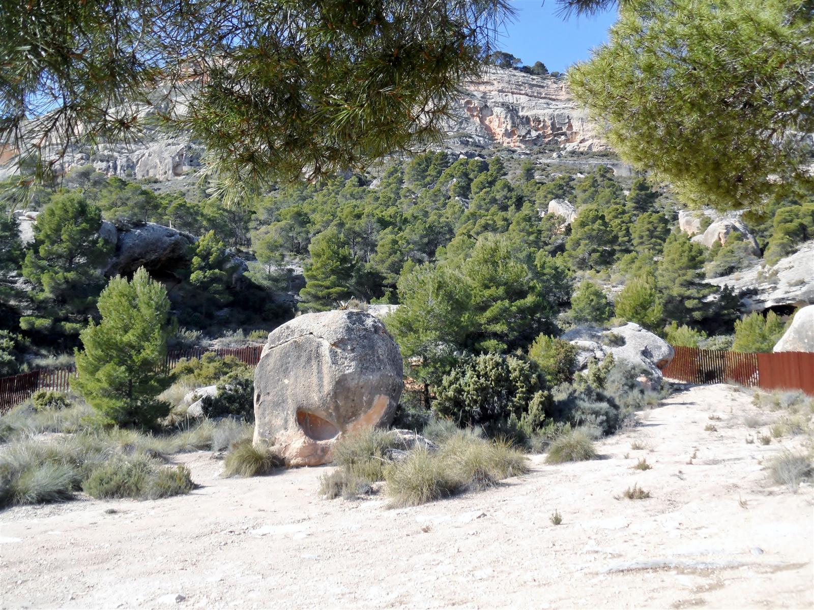 Sendero entre pinos y grandes rocas cerca de Cantos de Visera