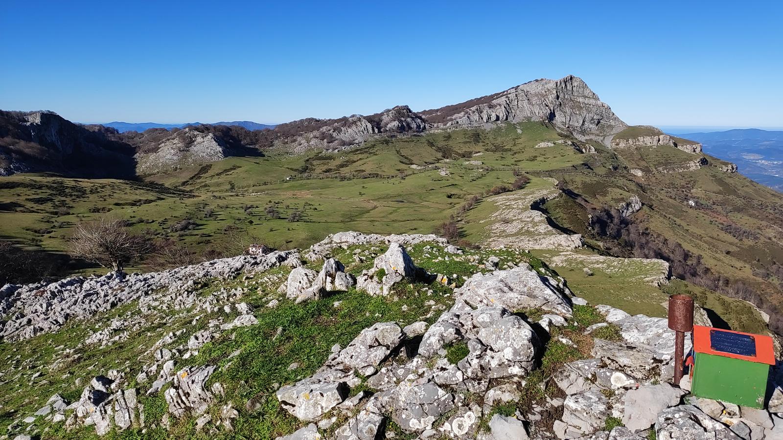 Prados de Arraba vistos desde Gatzarrieta, con la cumbre del Gorbeia al fondo y vacas pastando