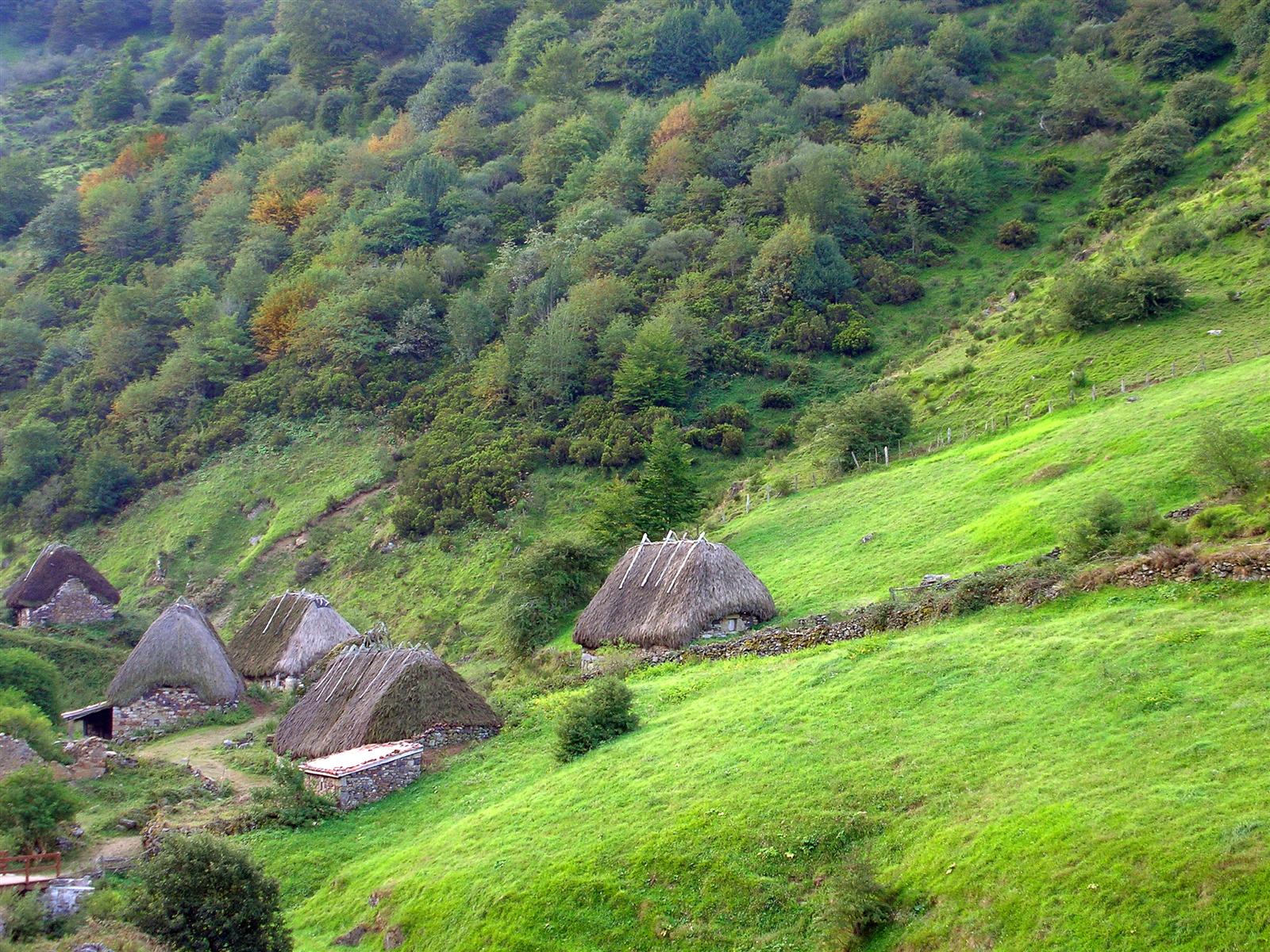 Braña de La Pornacal con cabañas de teito (tejado de paja) en el Valle del Lago, Somiedo, Asturias