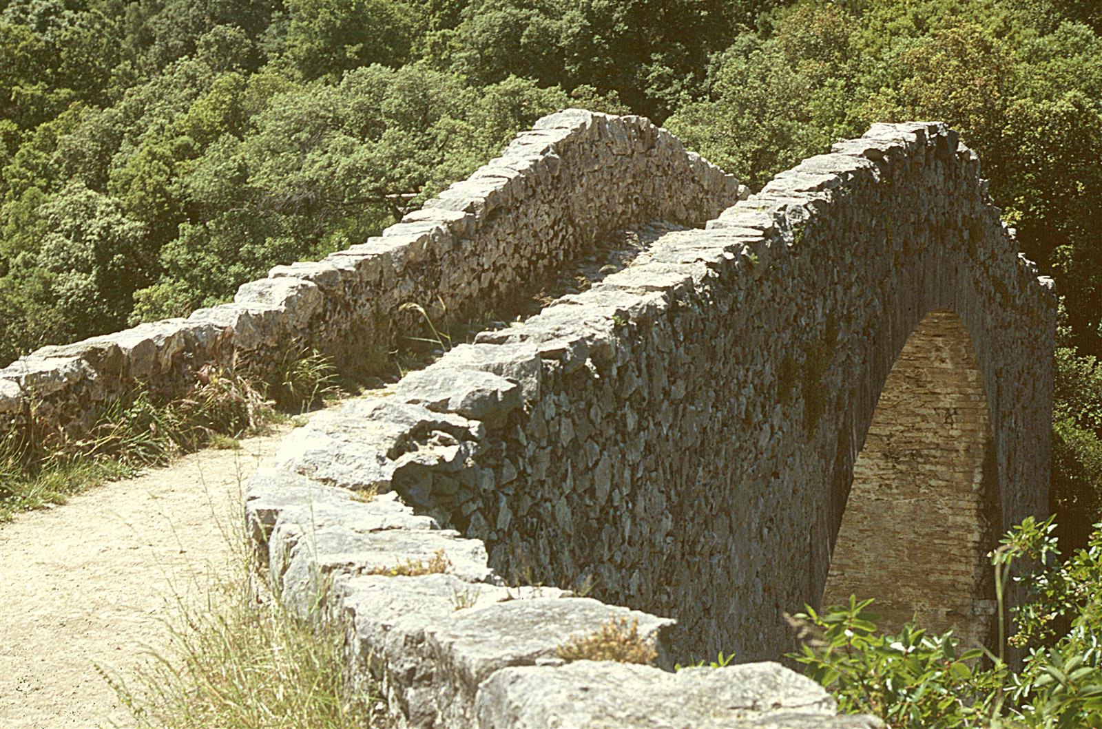 Camino de piedra sobre el Pont de Llierca: el sendero medieval empedrado visto desde la parte superior del arco con vegetación densa en los laterales