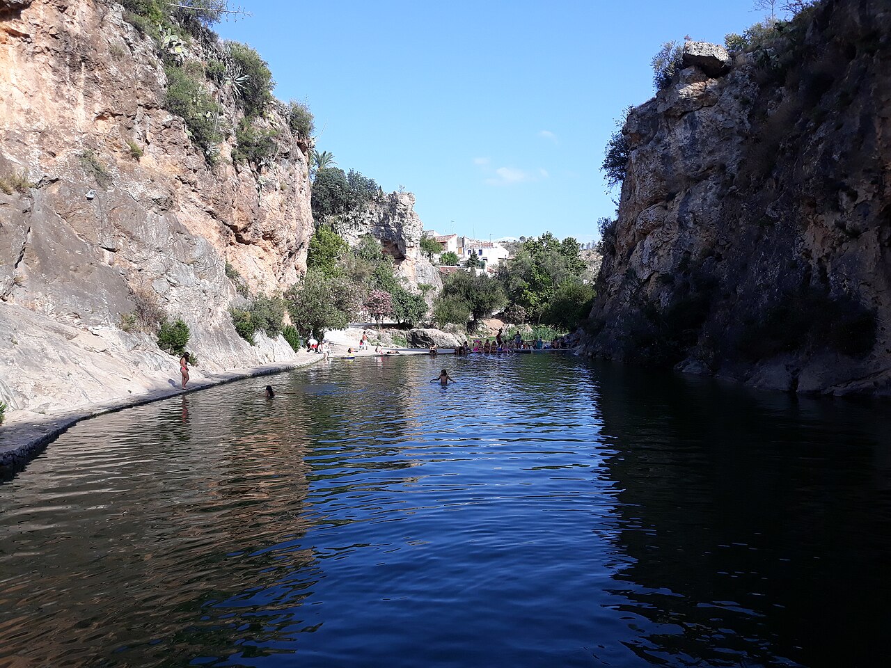 Zona de baño de la gorga de Bolbaite — poza fluvial con paredes rocosas y bañistas