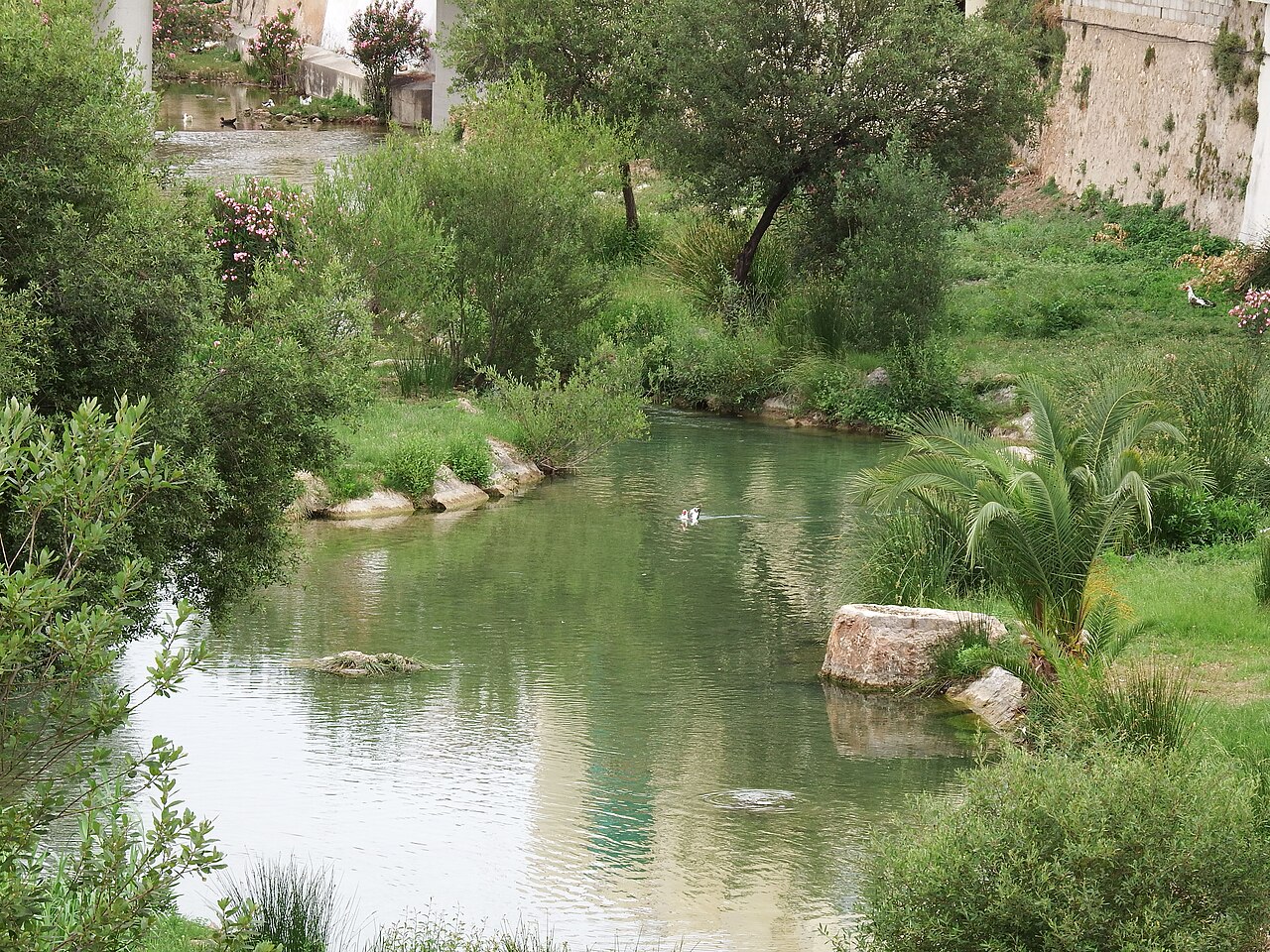 Remanso verde del río Sellent en la zona recreativa de Bolbaite, Valencia