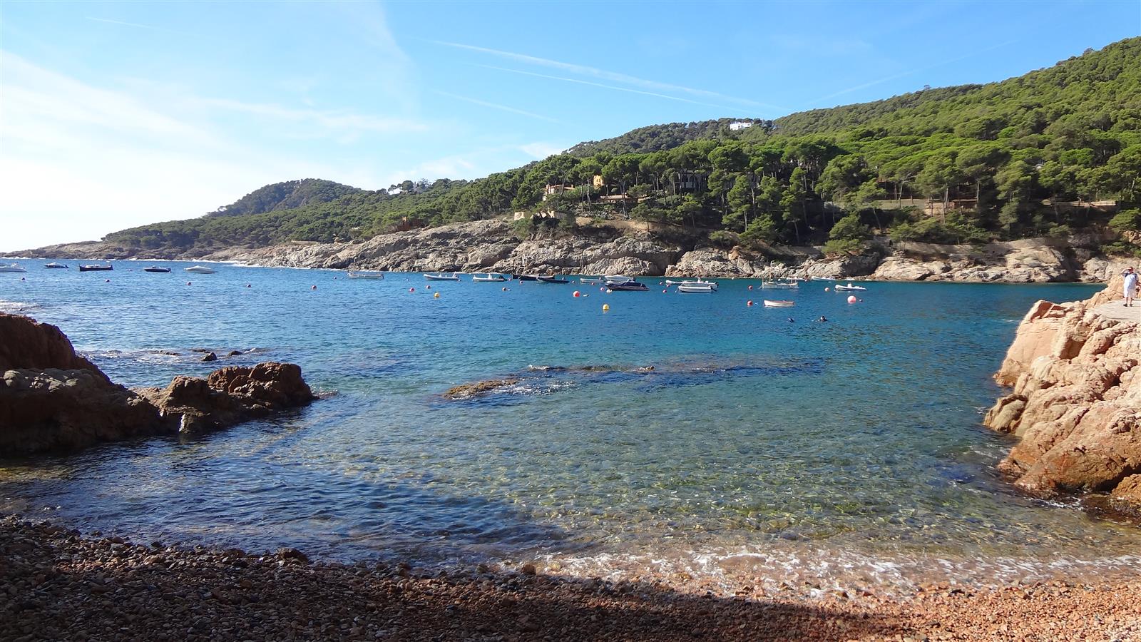 Agua turquesa de la cala de Tamariu con rocas mediterráneas, barcas al fondo y pinos sobre los acantilados, Costa Brava