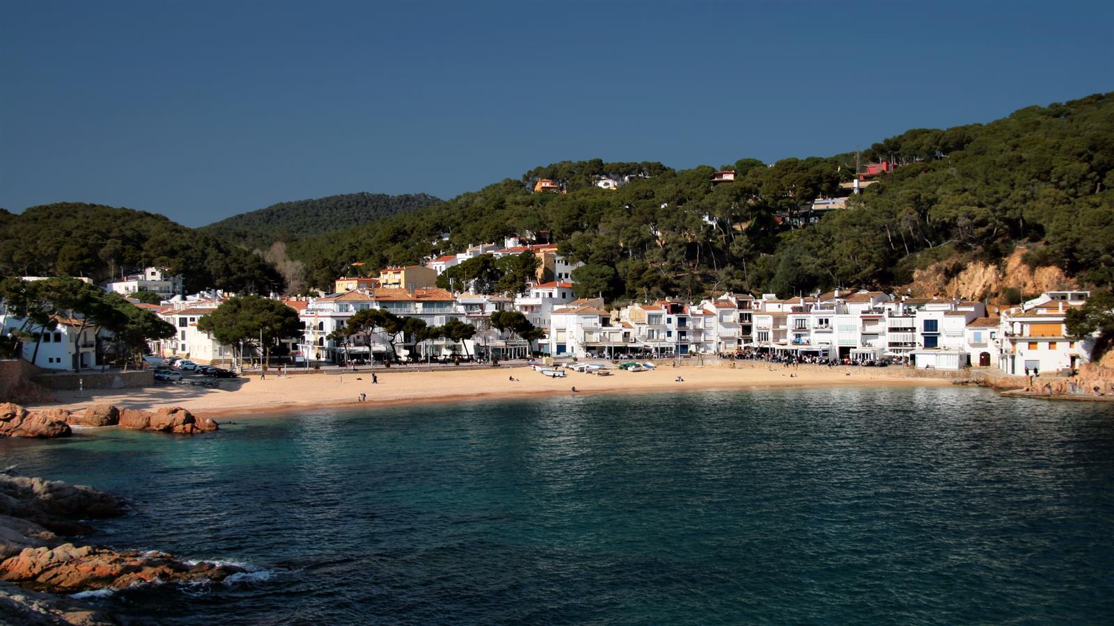 Vista de la playa y el pueblo de Tamariu desde el mar: casas blancas, arena dorada y pinos en la cala de Palafrugell, Girona