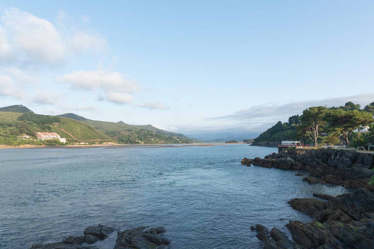 Estuario de Urdaibai visto desde Mundaka, Bizkaia: las aguas tranquilas del estuario del Oka con la vegetación de ribera y las marismas de la reserva de biosfera